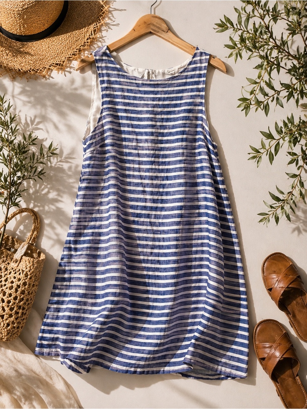 Striped Linen Blend Dress | Navy & White I Mini | Medium I Coastal